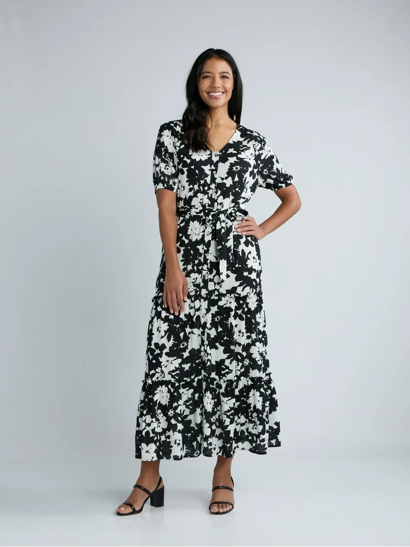 Time and Tru Women's Crinkle Maxi Dress with Short Sleeves, Sizes XS-XXXL | Walmart (US)