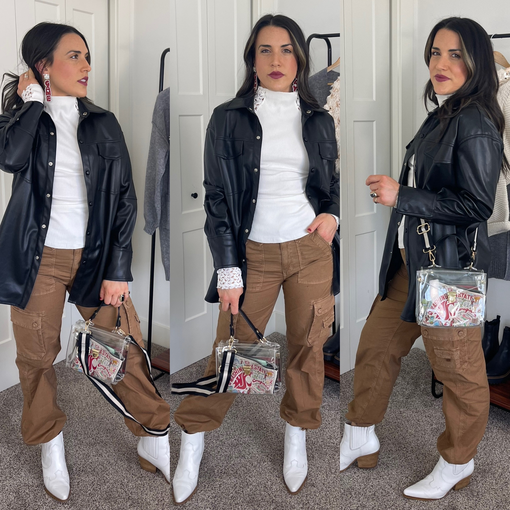 Game day outfit | cargo pants | faux leather shacket | western booties |
Free people | sam Edelman | American eagle | Amazon style | fashion ideas | college game day outfit | fall style | white booties | chic trendy style 

Shacket fits tts. 
Top I sized up one to a medium 
Cargo pants fit tts. 
Booties are old. Linked similar option 

#LTKstyletip #LTKSeasonal #LTKfindsunder50