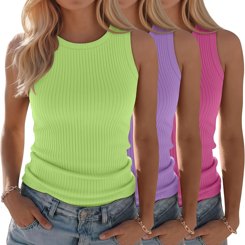 3 Pack Women's Ribbed Tank Tops 95% Cotton Sleeveless Casual Knit Slim Shirts Crew Neck Summer Ba... | Amazon (US)
