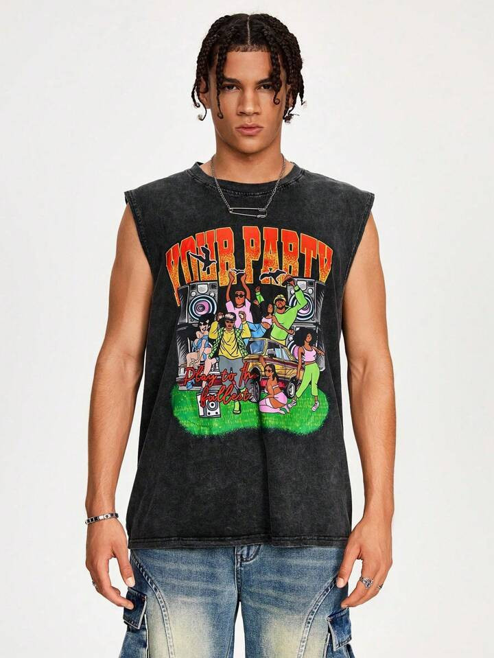 ROMWE Street Life Men's Summer Cartoon Character & Letter Print Round Neck Casual Snow Washed Tan... | SHEIN