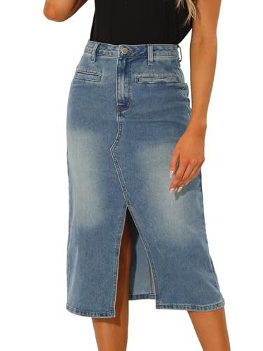 Allegra K Denim Skirt for Women's High Waist Slit Front Washed Jean Midi Skirts with Pockets | Amazon (US)