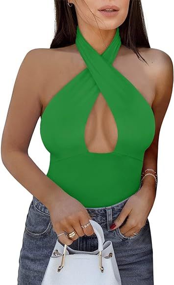 REORIA Women's Sexy Criss Cross Halter Neck Sleeveless Thong Bodysuits Tops Clubwear | Amazon (US)