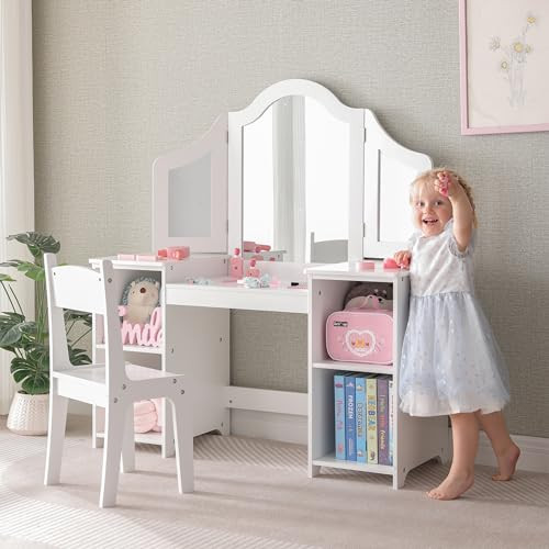 Kovhzcu 2 in 1 Kids Princess Vanity Storage Cabinet with Detachable Top, Tri-fold Mirror, Kids Vanity for Girls Age 3-9 (White with Chair) | Amazon (US)