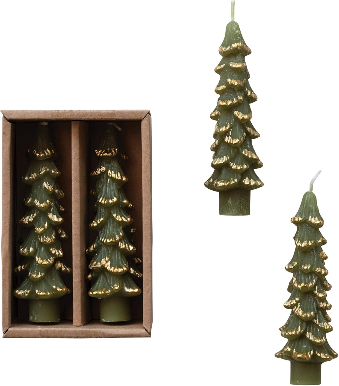 Creative Co-Op Unscented Textured Tree Shaped Taper Candles with Gold Tips in Box, Evergreen Color, Set of 2 | Amazon (US)