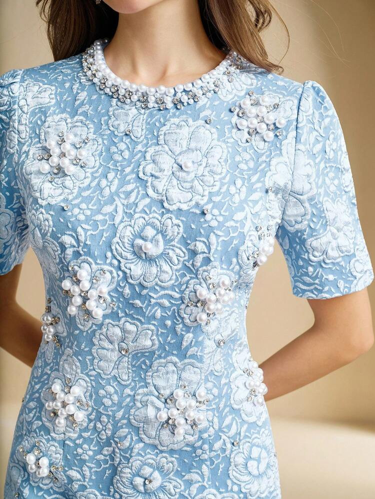 Anewsta Solid Color 3D Floral Textured Jacquard Pearl & Rhinestone Embellished Round Neck Puff Sleeve A-Line Mini Dress | SHEIN