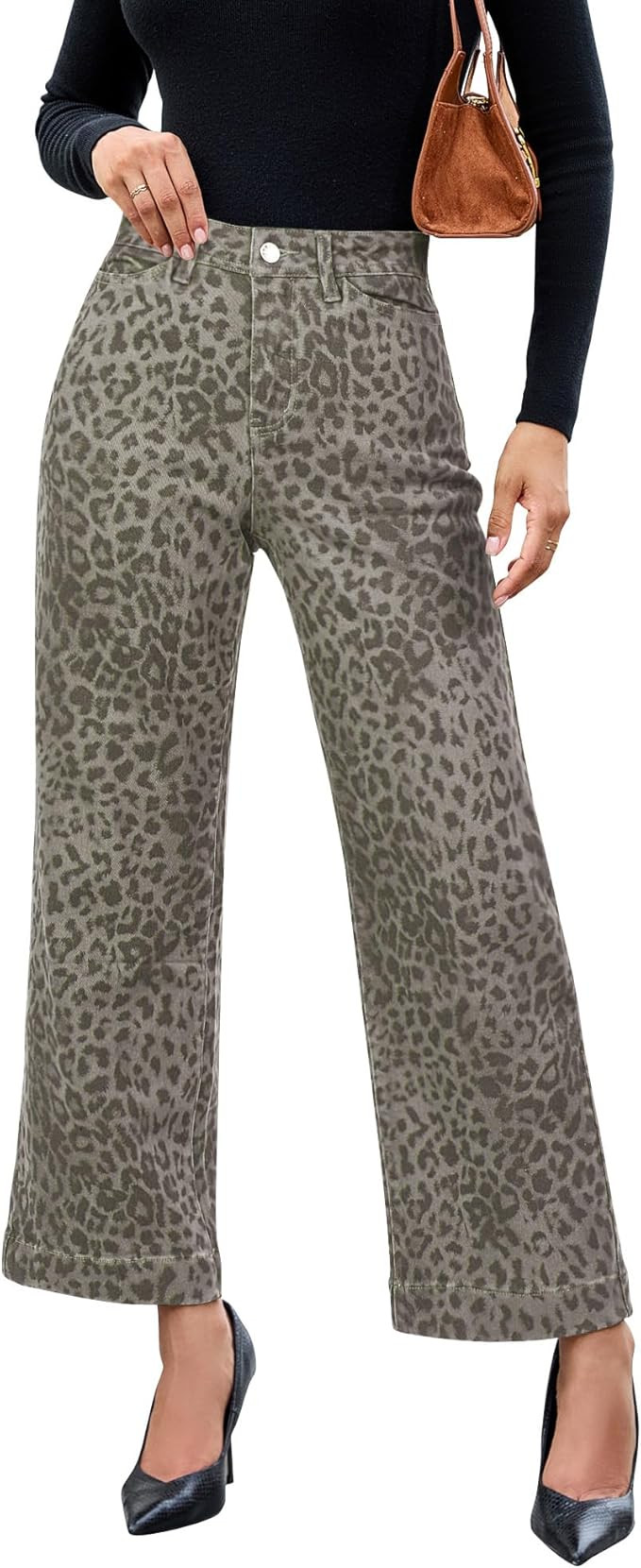 luvamia Wide Leg Jeans Woman Trendy High Waisted Leopard Cheetah Print Ankle Length Stretchy Deni... | Amazon (US)