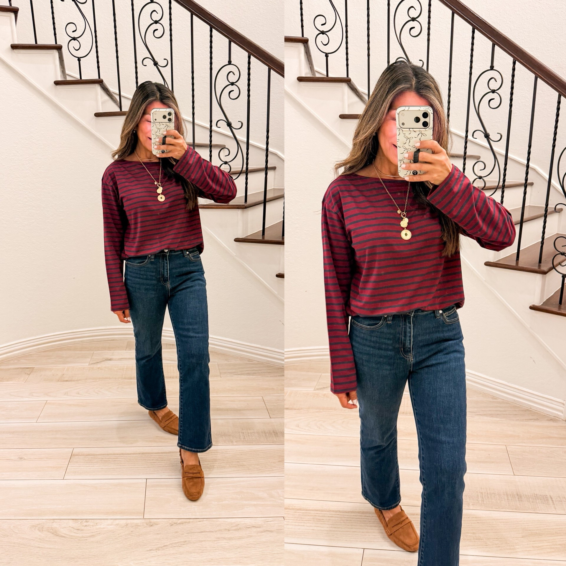 I’m 5’2” 118#ish for reference 
Tee in XS runs big size down.
Straight leg jeans fit tts size 26 short length come in length options. Wash is Midnight Blue.
Shoes fit tts.

Fall outfits, casual outfits,over 50 style, midlife fashion, petite fashion,midlife women, affordable fashion, fashion over40