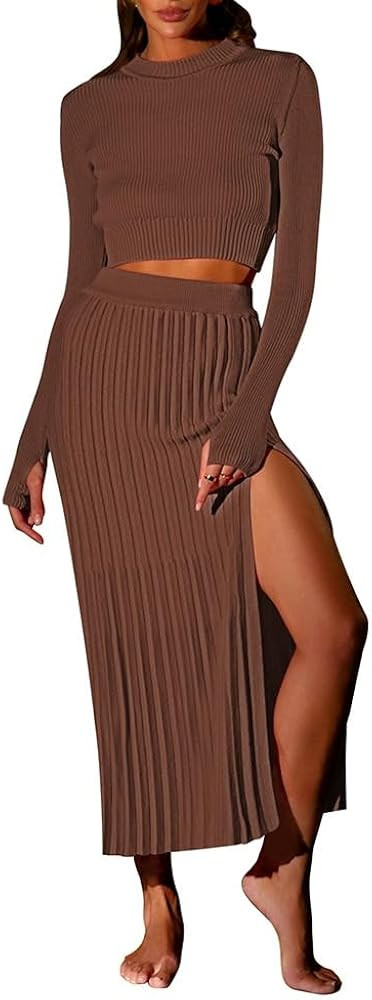 Pink Queen Women's 2 Piece Sweater Outfits Set Long Sleeve Crop Top Ribbed Split Bodycon Midi Lon... | Amazon (US)