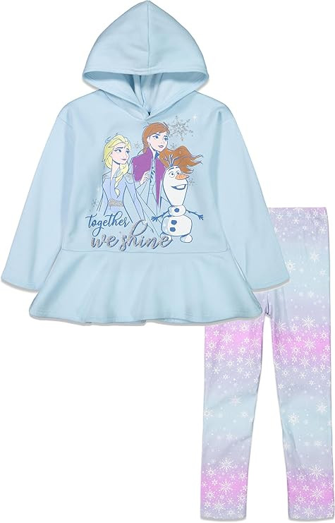 Disney Frozen Girls Fleece Ruffled Hoodie and Leggings Outfit Set Toddler to Big Kid Sizes (2T - ... | Amazon (US)