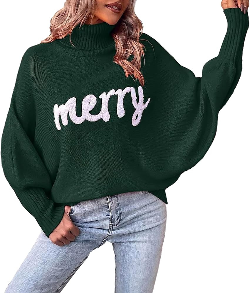 Women's Merry Christmas Sweater Turtleneck Bigger Sleeves Sweatshirts Ladies Holiday Festival Pul... | Amazon (US)