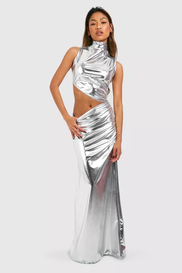Metallic Pu High Neck Cut Out Maxi Dress | boohoo (US & Canada)