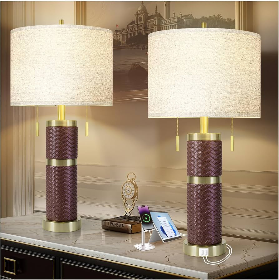 KIVDITZO 25" Woven Leather Table Lamps Set of 2 for Night Stand | Amazon (US)