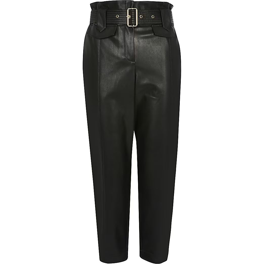 Petite faux leather paperbag waist trousers | River Island (UK & IE)