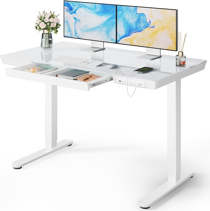Marsail Glass Standing Desk with Drawer, 48 x 24 inch Electric Standing Desk, Height Adjustable Desk with One-Piece Tabletop & USB Charging Ports, Sit Stand Desk with Storage for Home & Office White | Amazon (US)