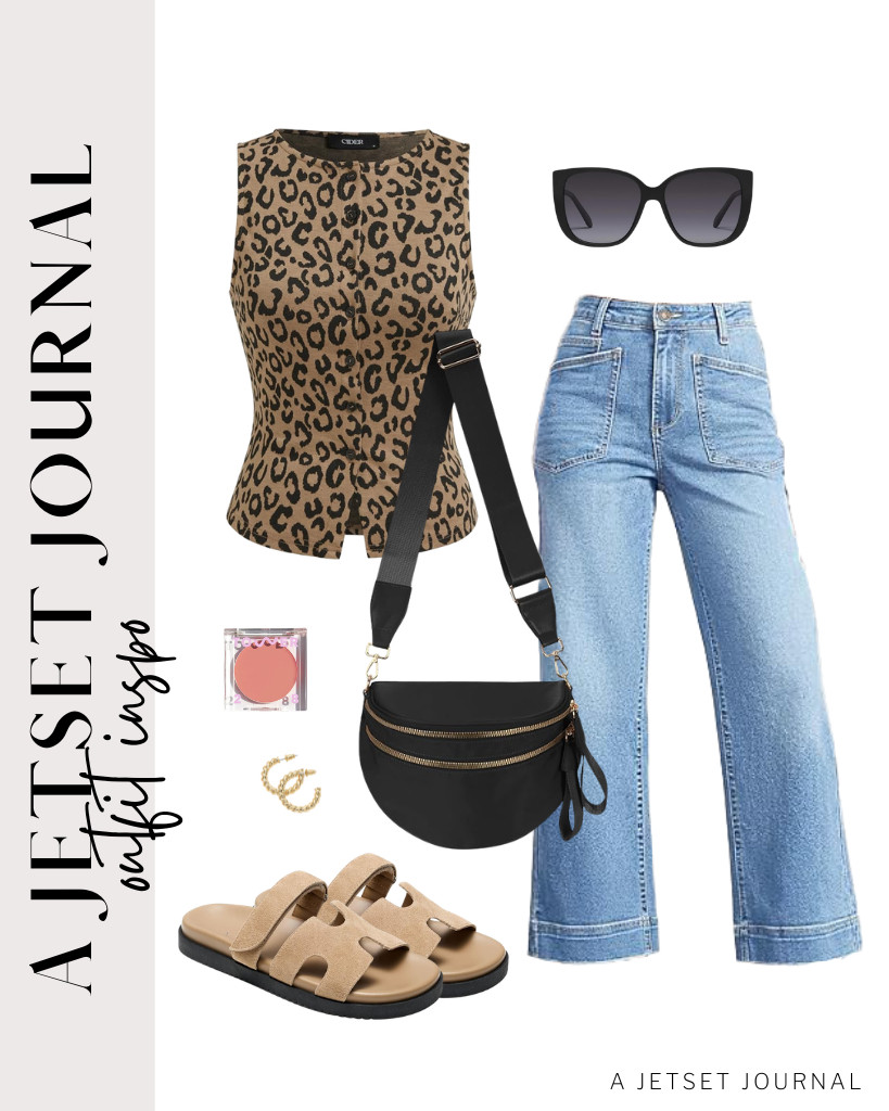 Another outfit idea is this tan button-down tank top with animal print, plus these high-waisted jeans from Cicy Bell. You can wear a pair of Project Cloud leather sandals and Quay sunnies to style the fit.

#LTKSeasonal #LTKSaleAlert #LTKTravel
 

 