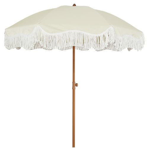 AMMSUN 6.5ft Boho Outdoor Umbrella with Fringe, UPF 50+ Picnic Umbrella with Tassels, Premium Steel Pole and Push Button Tilt, Light Beige | Amazon (US)