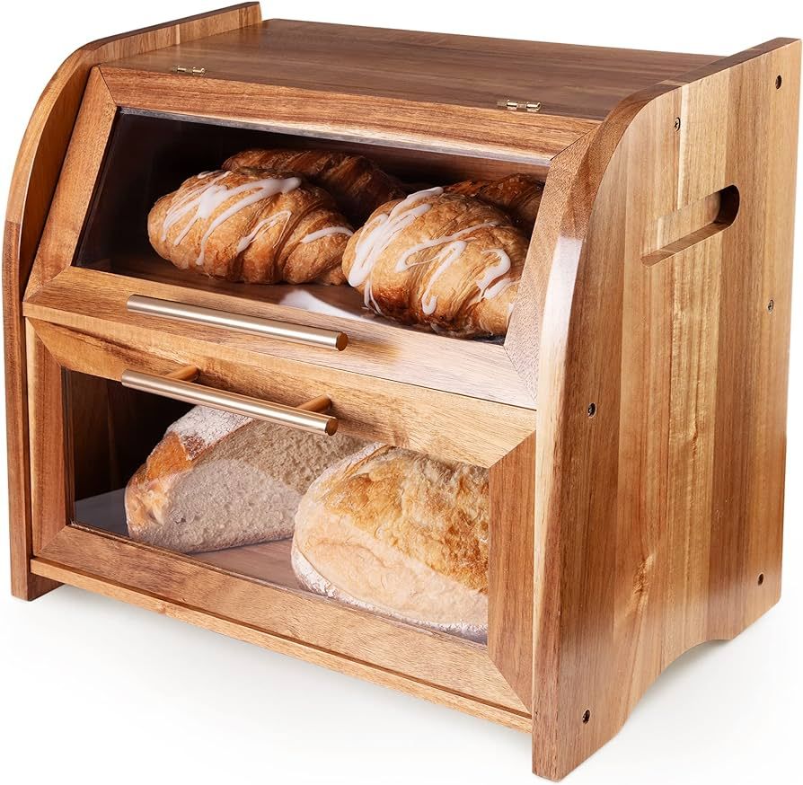 Arise Stylish Acacia Bread Box for Kitchen Countertop, Extra Large 2-Shelf Wooden Bread Storage C... | Amazon (US)
