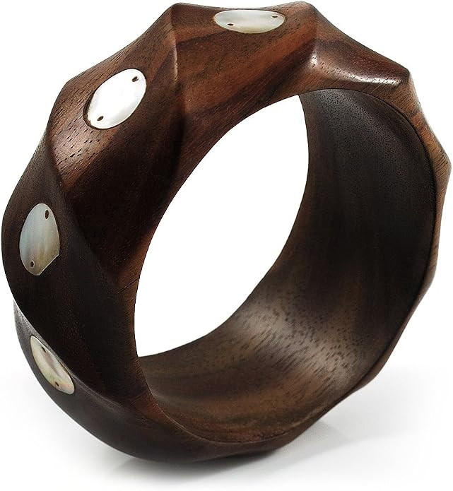 Twisted Chunky Wood Bangle with Shell Inlay (Brown) - Medium - up to 18cm | Amazon (US)