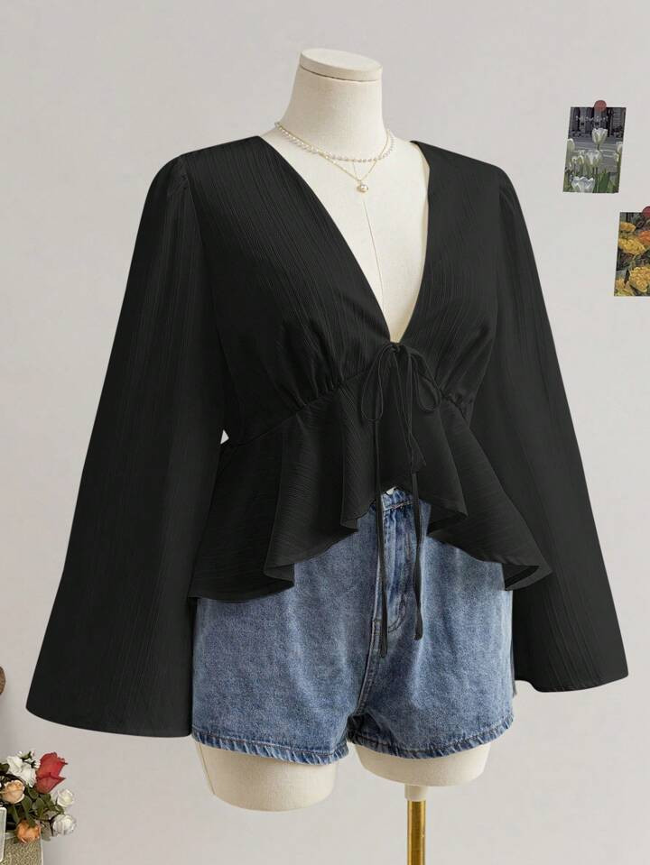 SHEIN WYWH Women Plus Size V-Neck White Textured Long Sleeve Ruffle Hem Shirt, Suitable For Back ... | SHEIN