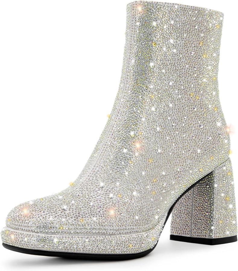 Rhinestone Boots For Women Chunky Block Heeled Sparkly Platform Ankle Booties Glitter Shoes Weddi... | Amazon (US)