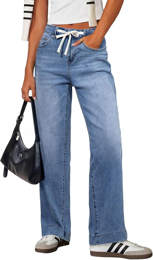 Sidefeel Women's High Waisted Straight Leg Jeans Drawstring Denim Pants | Stretchy Jeans with Poc... | Amazon (US)