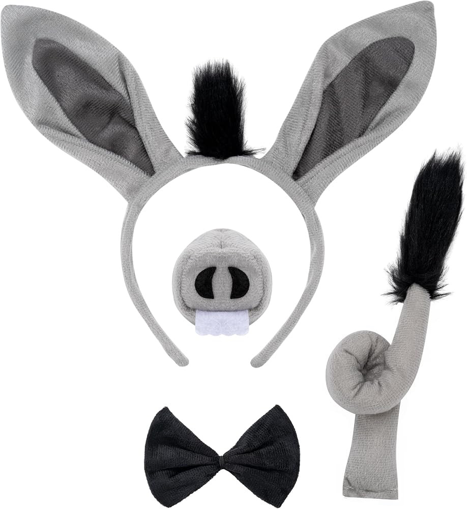 Paquete de 4 disfraces de burro, diadema de orejas de burro, diadema de nariz y cola de mo\u00f1o... | Amazon (US)