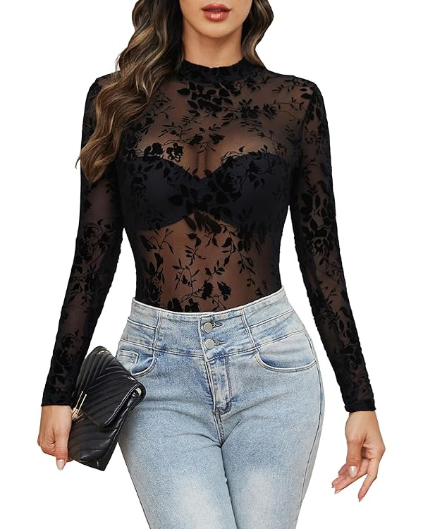 Mesh Top for Women Long Sleeve Mock Neck Mesh Shirt Sheer Top Solid Floral Tee Shirts S-XXL | Amazon (US)