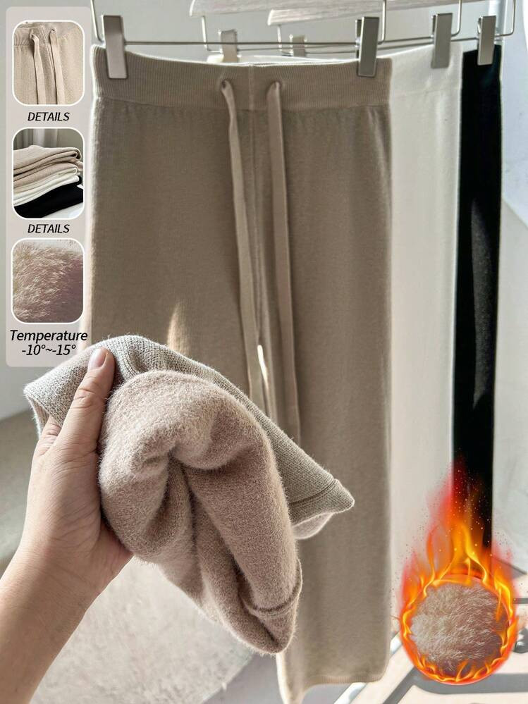 Franclia Novas Calças Femininas De Cintura Alta Com Cordão, Retas E De Perna Larga, Casual, Calças De Malha Com Forro Térmico Grosso | SHEIN