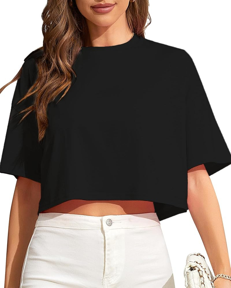 Women Cropped Tees Loose Fit Half Drop Shoulder Short Sleeve Tops Round Neck Basic Casual Shirts ... | Amazon (US)