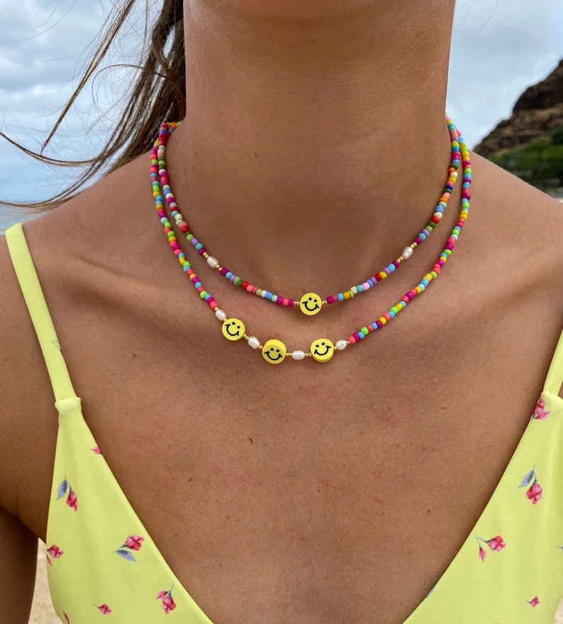 Smiley Face Necklace, Rainbow Happy Face Necklace, Multicolor Seed Bead Necklace W/ Pearls, Beade... | Etsy (Global)