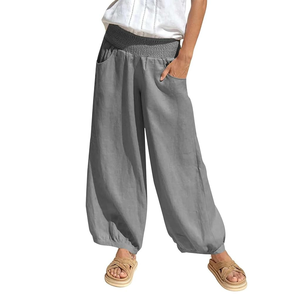 Harem Pants for Women High Waisted Wide Leg Linen Pant Elastic Smock Waist Flowy Palazzo Capris B... | Amazon (US)