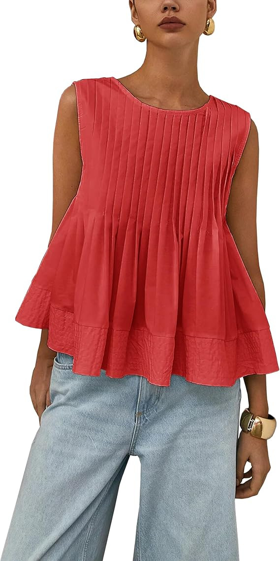 Womens Summer Pleated Peplum Sleeveless Blouse Tank Tops Round Neck Y2K Babydoll Blouse Shirt | Amazon (US)