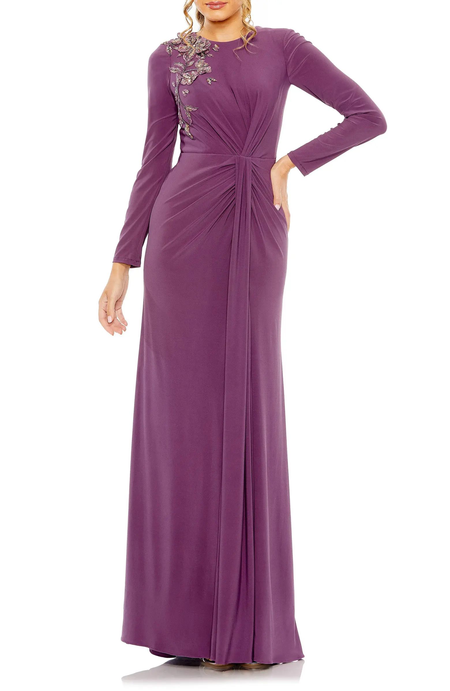 Embellished Long Sleeve Jersey Gown | Nordstrom