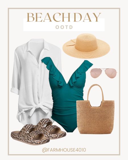 Beach day outfit!! Featuring one piece swimsuit, swim cover up, beach bag, sun hat, sunglasses and sandals

#LTKstyletip #LTKfindsunder50 #LTKSeasonal