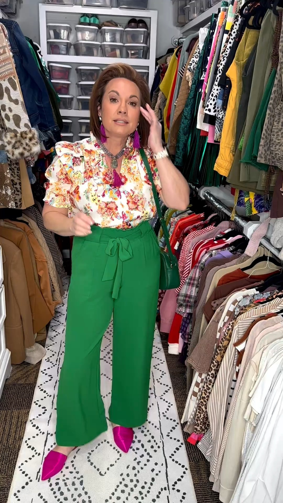 Colorful outfit idea that instantly boosts your mood 💗💚

Some days I just want to wear something that feels happy…so today I leaned into a little dopamine dressing.

These green wide-leg pants are incredibly comfortable and flattering, and pairing them with this floral blouse makes the whole outfit feel bright and fun. The print pulls in so many colors that it makes accessorizing easy.

I finished the look with pink heels and tassel earrings for a bold pop of color, and when I added the white cardigan and green crossbody bag it made the outfit feel a little more polished.

Styling tip:
When you’re wearing a colorful print, choose one color from the print and repeat it in your accessories. It instantly pulls the whole outfit together.

Outfits like this remind me that getting dressed can be both comfortable and joyful.

Everything is linked for you here 💕

#LTKgrwm #LTKmorningroutine #LTKootd