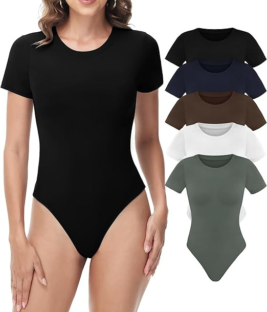 5 Pack Bodysuits for Women - Stretchy Bodysuit Womens Tops Round Neck Body Suit T Shirts for Wome... | Amazon (US)