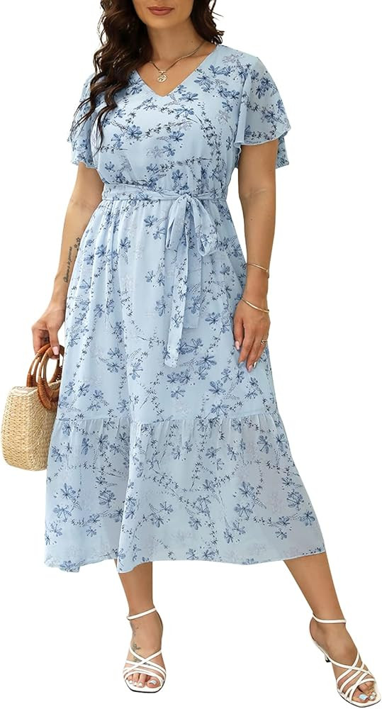 Nemidor Plus Size Women Casual Maxi Dresses Print Bobo Belted Layered Chiffon Summer Long Dress w... | Amazon (US)