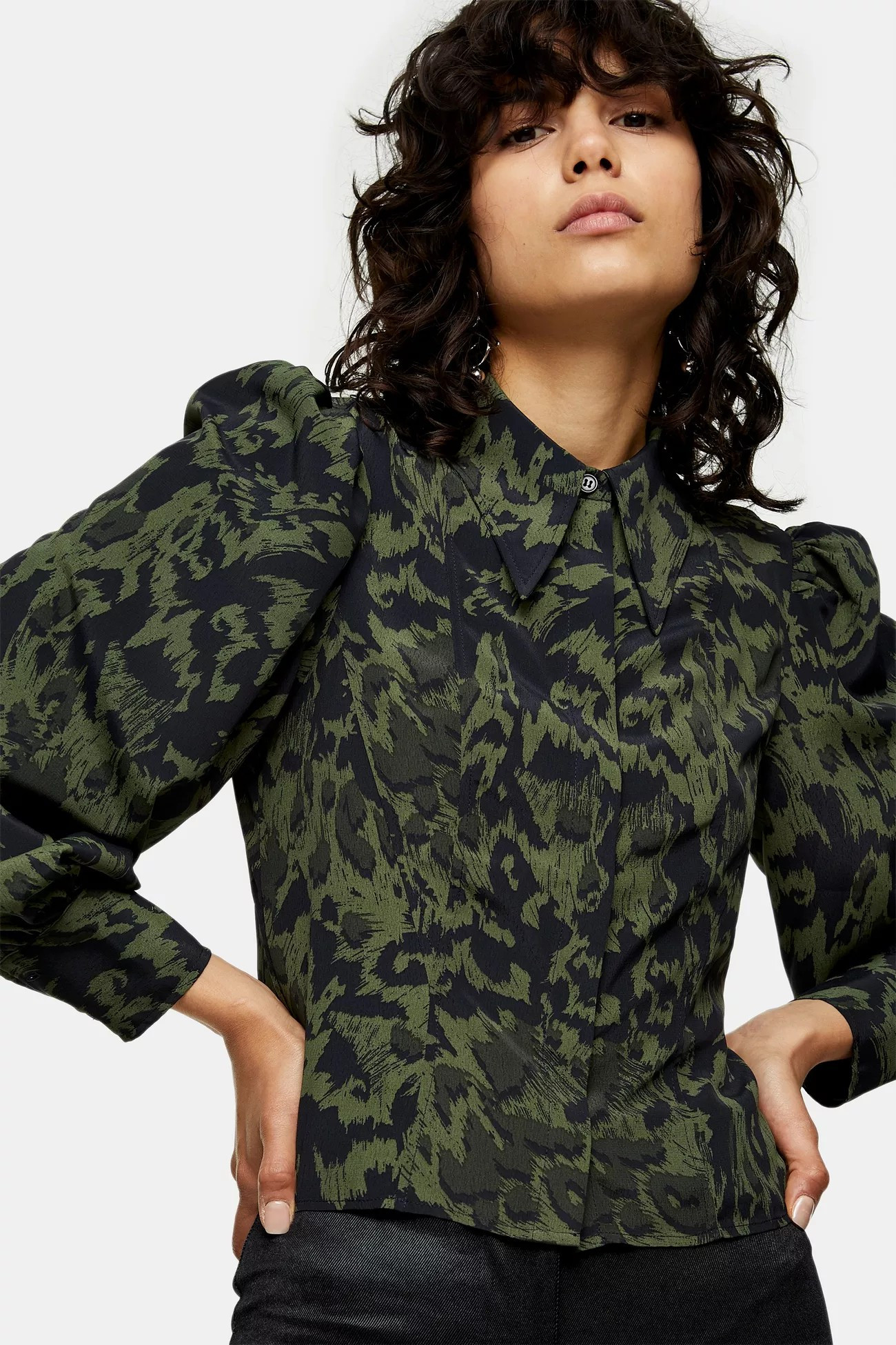 Khaki Animal Print Slim Seamed Shirt | Topshop US