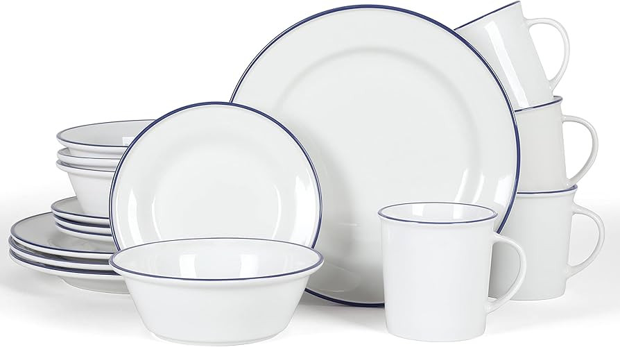 Martha Stewart Cliffield Porcelain Dinnerware Set - White w/Blue Rim, Service for 4 (16pcs) | Amazon (US)