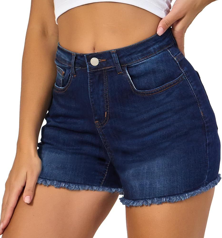 VIPONES Women Mid Rise Jeans Shorts Frayed Raw Hem Summer Stretchy Casual Denim Shorts | Amazon (US)