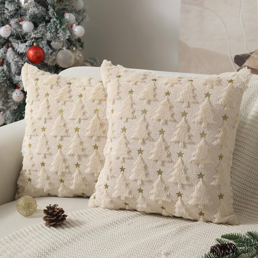 Christmas Pillow Covers 18 x 18 inch Set of 2 Beige Christmas Tree Pillow Covers Decorations Plus... | Amazon (US)
