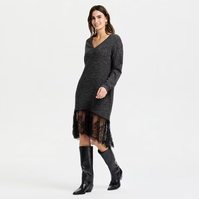 Women's Long Sleeve Lace Hem Midi Sweater Dress - A New Day™ Dark Heather Gray | Target