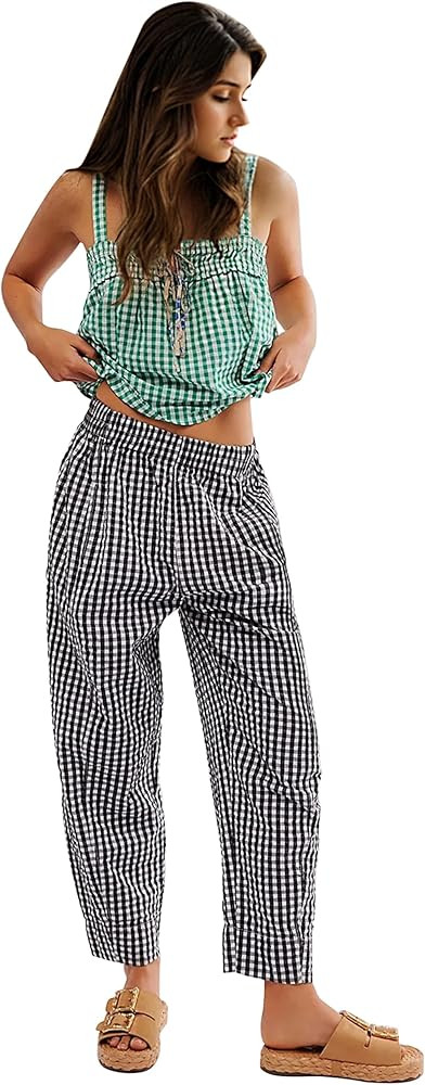 Women's Mid-Rise Plaid Wide Leg Lounge Long Pant Classic Gingham Print Stretchy Elastic Waist Tro... | Amazon (US)