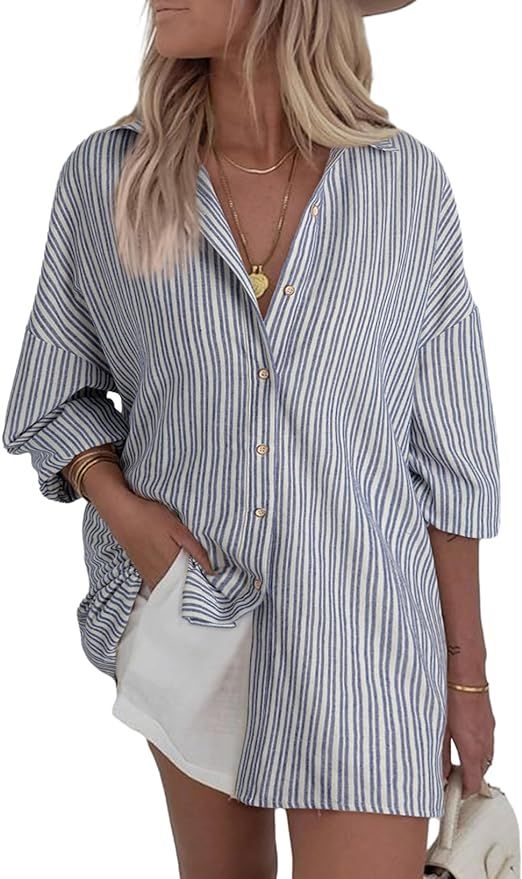 Astylish Women Oversized Button Down Striped Shirt V Neck Long Sleeve Blouse Casual Linen Top | Amazon (US)
