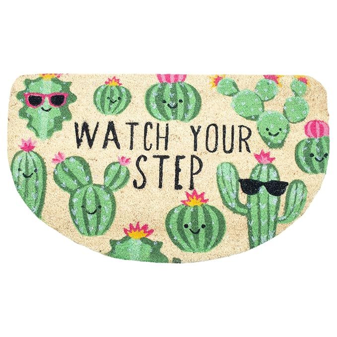 Gift Craft Watch Your Step Cute Cactus 30 x 18 Inch Half Moon Coir Indoor Outdoor Welcome Mat | Amazon (US)