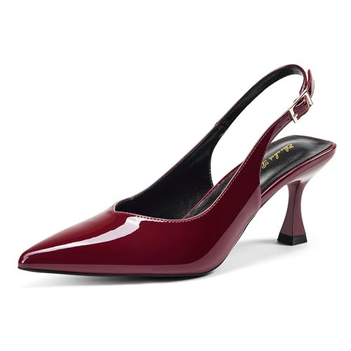Elisabet Tang Women's Kitten Heel Slingback Low Pumps 3 Inches Stiletto Pointed Closed Toe Elegant Dressy Bridal Wedding Party Shoes Burgundy/Red 9.5 | Amazon (US)