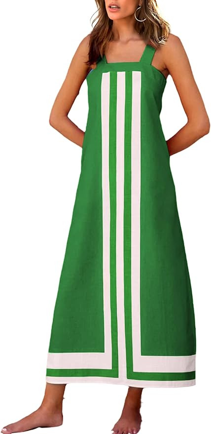 Fiona Jolin Womens Summer Maxi Dress Boho Striped Shoulder Strap Long Sundress Beach Cover Up Dre... | Amazon (US)