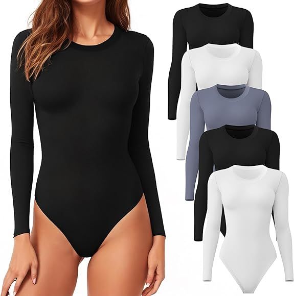 CE' CERDR Women's 4/5 Pack Round Neck Long Sleeve Bodysuits Basic Stretch Body Suit Top | Amazon (US)