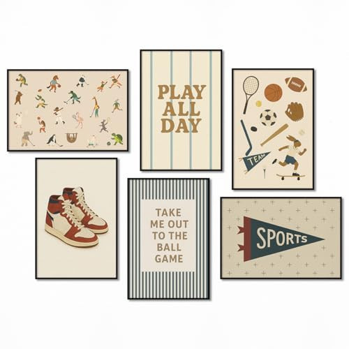 Sports Posters for Boys Bedroom, Boy Nursery Canvas Wall Art, Cute Animal Athletes & Sports Equipment Pictures, Charming Quotes Take Me Out To The Ball Game Play All Day Print 16x24in Unframed | Amazon (US)