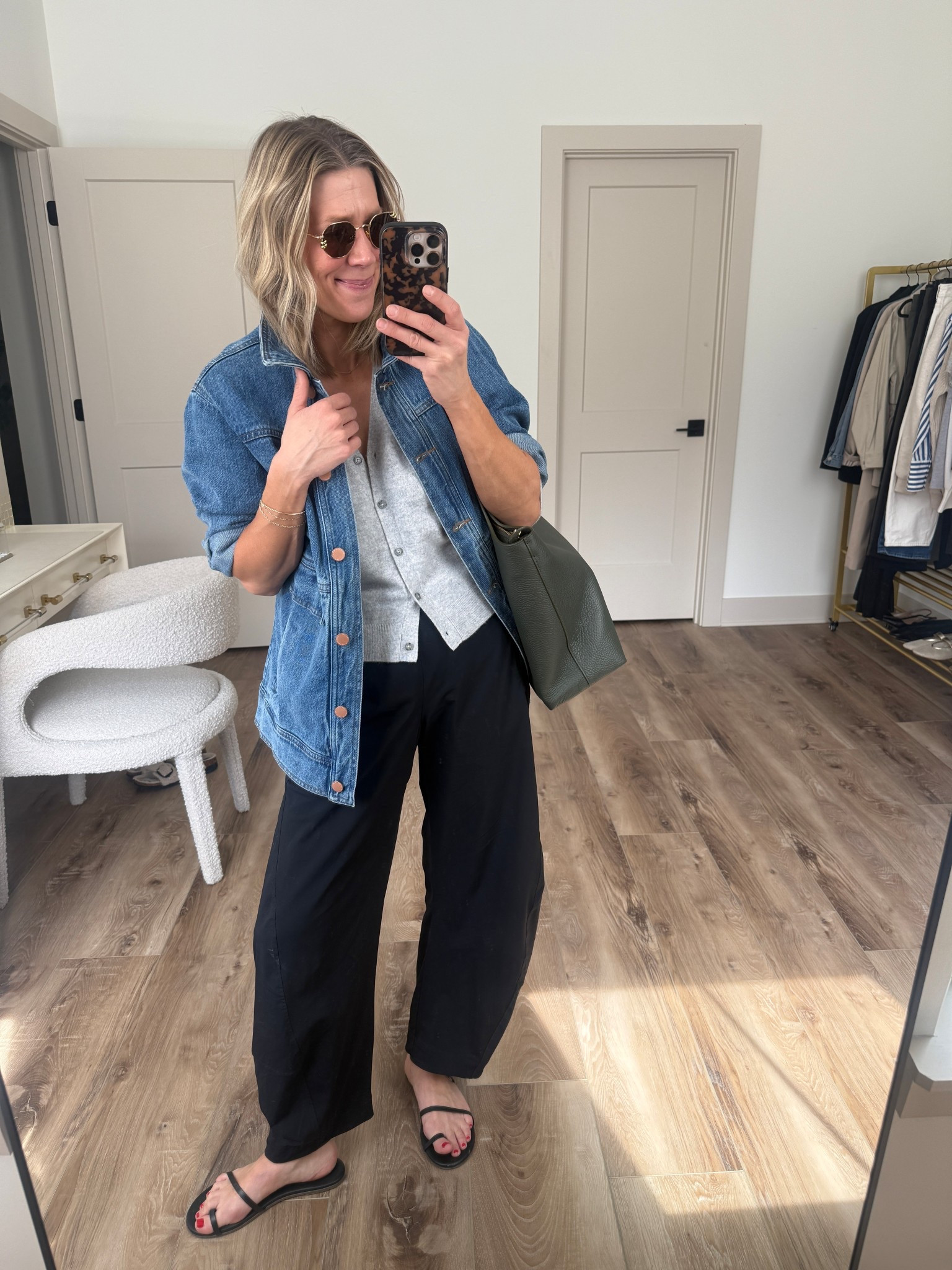 Wearing small denim jacket (code: LAW25), small cardigan, 4 pants (sized up one given mid rise fit), sandals tts 

#LTKOver40 #LTKgrwm #LTKootd